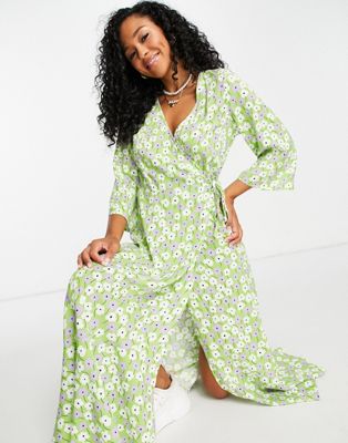 Monki Amanda ecovero viscose ditsy floral print midi wrap dress in green